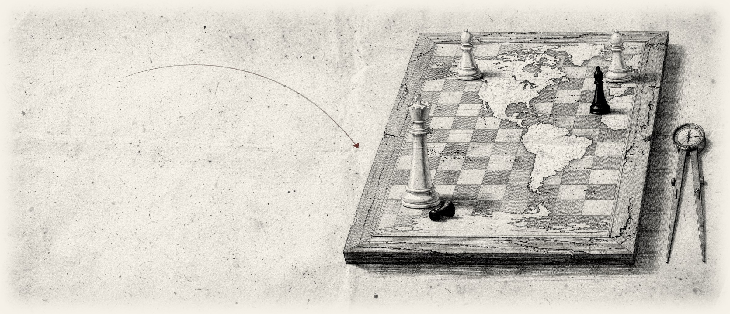 Antique engraving: a chessboard with the map of the Americas, a standing white king, a fallen black pawn and a compass